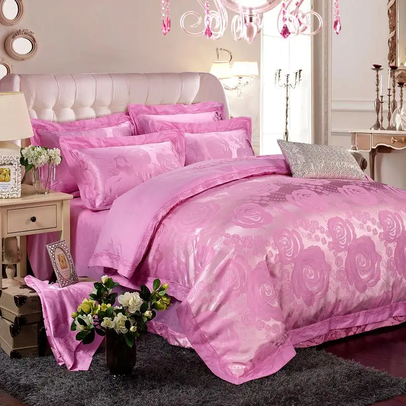 

Pink jacquard Jacquard bedding set King Queen size 4pcs Lace duvet cover set bed sheet linen bedclothes bed cover set