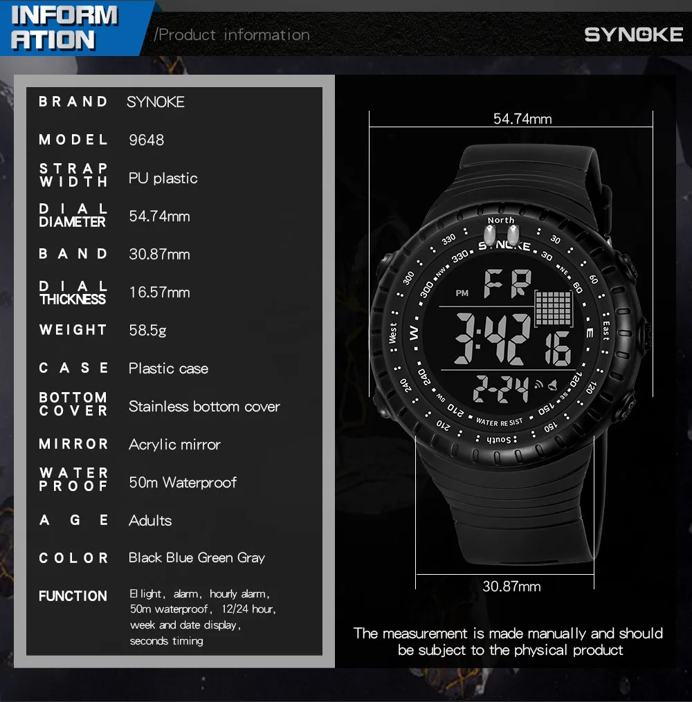 SYNOKE, мужские многофункциональные военные спортивные часы, светодиодный, цифровой, двойной ход, Мужские t часы, электронные часы, цифровые часы, модные, gif Me