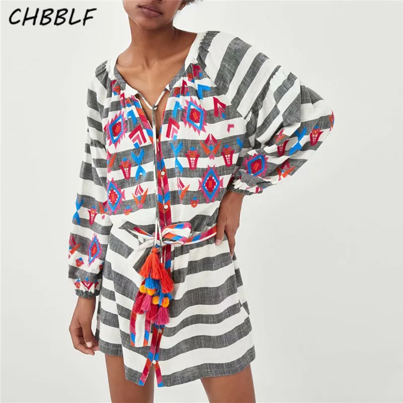 CHBBLF винтажное свободное платье в полоску с вышивкой и кисточками платье-фонарик