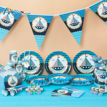 

84pcs Sailing Boat Theme Paper Cup Napkin Plate Spoon Horn Tablecover for Kids Birthday Party Decoration 6people Use