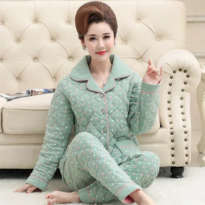 Зимний женский пижамный комплект для мамы среднего возраста, хлопковый плотный Пижамный костюм с принтом, длинные штаны, домашняя одежда, комплект из двух предметов - Цвет: Color 1