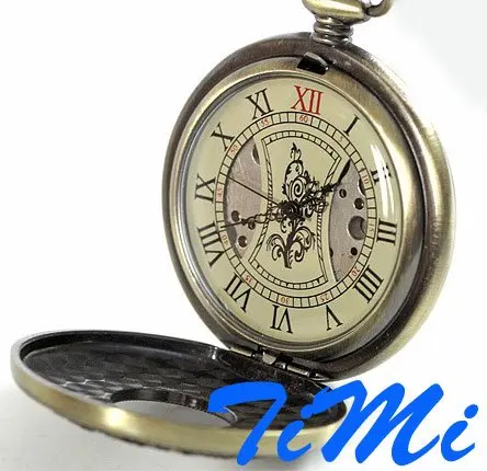 

Mens Copper Mechanical Hand Wind Pocket Watch Carving Skeleton Wooden Design