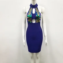 Европа и Америка Весна и лето новое Бандажное голубое платье с круглым вырезом и открытой шеей с блестками и цветами+ костюм