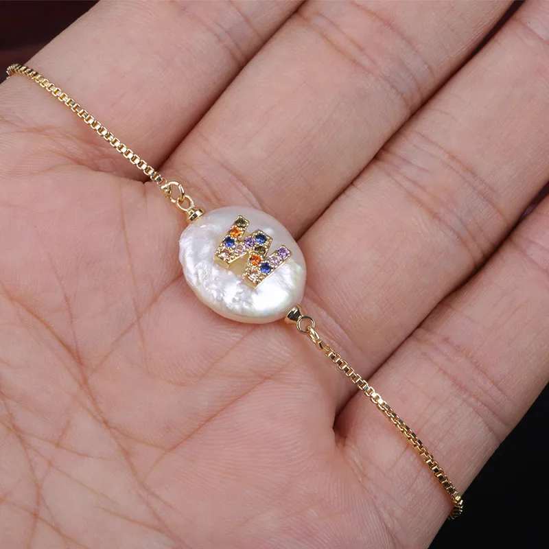 New Arrival Color Gold Micro Pave Rainbow CZ Cubic Zirconia 26 Initials Letter Charm Freshwater Pearl Gold Bracelets For Women - Окраска металла: W