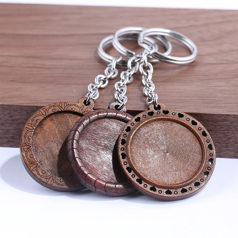 onwear 5pcs Stainless Steel wood Cabochon keychain base settings 30mm