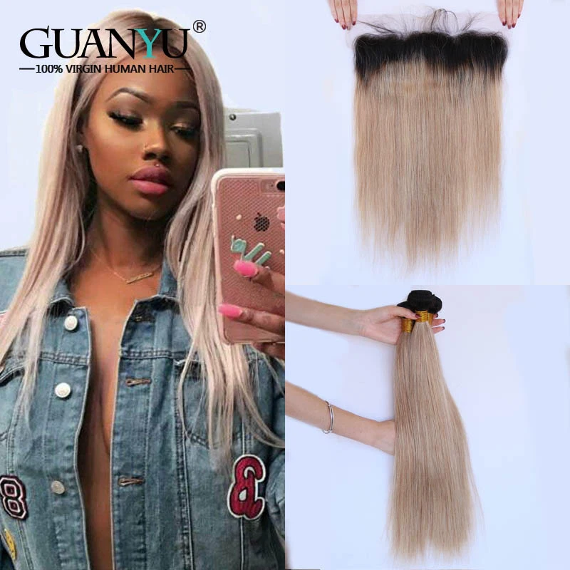 

Guanyuhair Ombre 1B/27 Honey Blonde Bundles With Closure 13X4 Pre plucked Indian Straight Hair 3 Bundles With Frontal Remy Hair