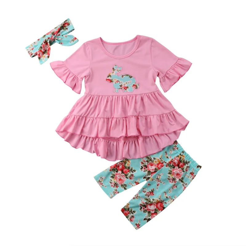 

Toddler Kids Baby Girl Easter Floral Clothes Set Floral Ruffles Tops Mini Dress Long Pants Leggings 3Pcs Outfit Set Clothes 2-7T