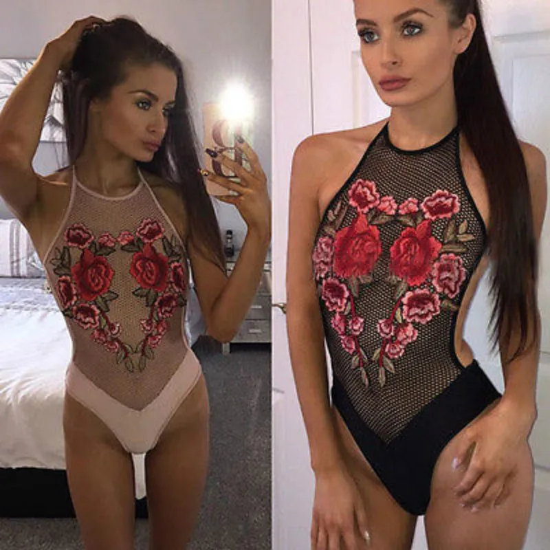 flower embroidery mesh halter monokini