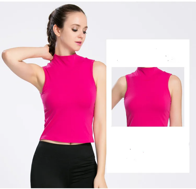 New High Collar Women Gym Sports T Shirt Yoga Workout Vest Fitness