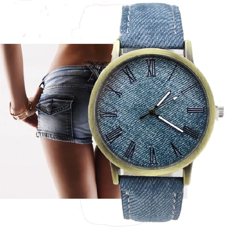 GNOVA Platinum Denim PU leather women watch Jeans Roman Fashion Girl