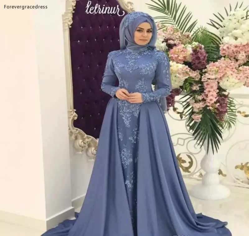 Modest Arabic Saudi Muslim High Neck Evening Dresses Hijab Lace Appliques Long Party Celebrity Gowns Prom Dress with Detachable Skirt  137