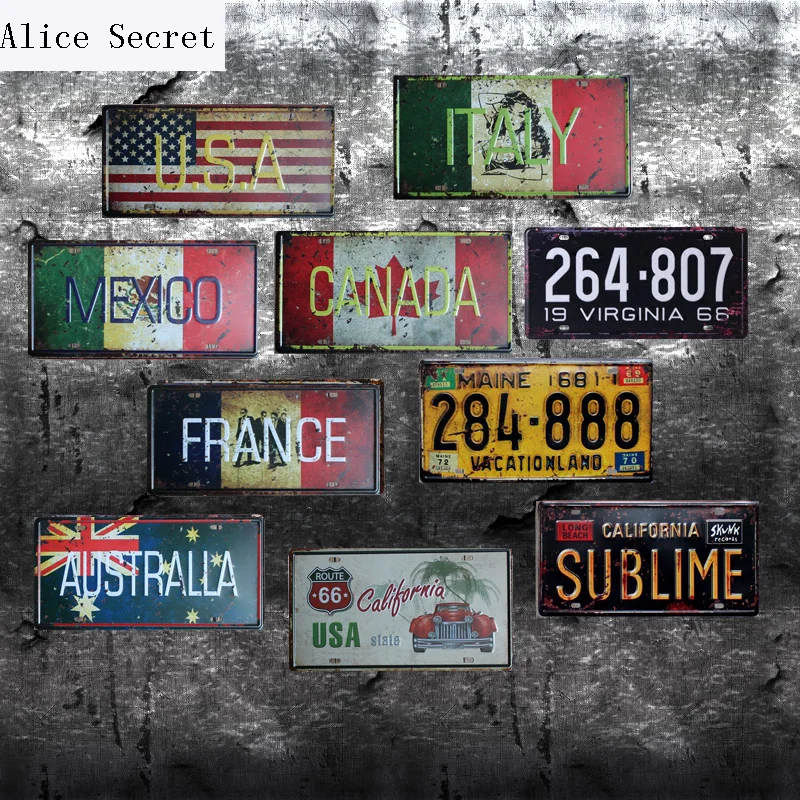 

Home Wall Decor Metal Poster Texas USA Vintage Garage Tin Signs MEXICO New York Bar Car Number License Metal Plate
