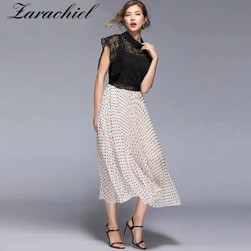 

Elegant Black Hollow Out Lace Patchwork Chiffon Women Dress Runway Designer Polka Dots Long Pleated Dress 2019 Summer Dress