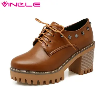 

VINLLE 2020 Sexy Spring Women Pumps PU Leather Mixed Color Lace Up Square High Heel Solid Black Ladies Wedding Shoes Size 34-43