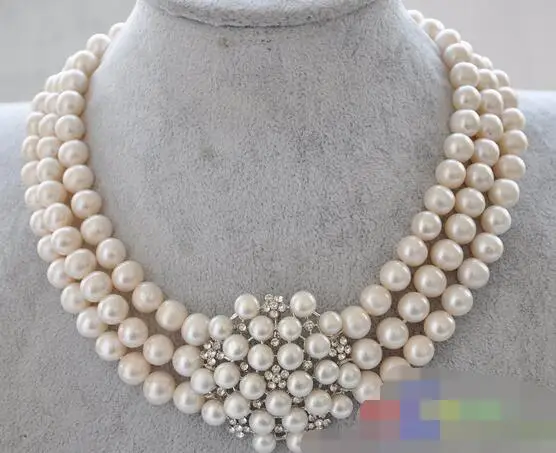

song voge gem nanJ0461 3row round white Freshwater cultured pearl flower necklace