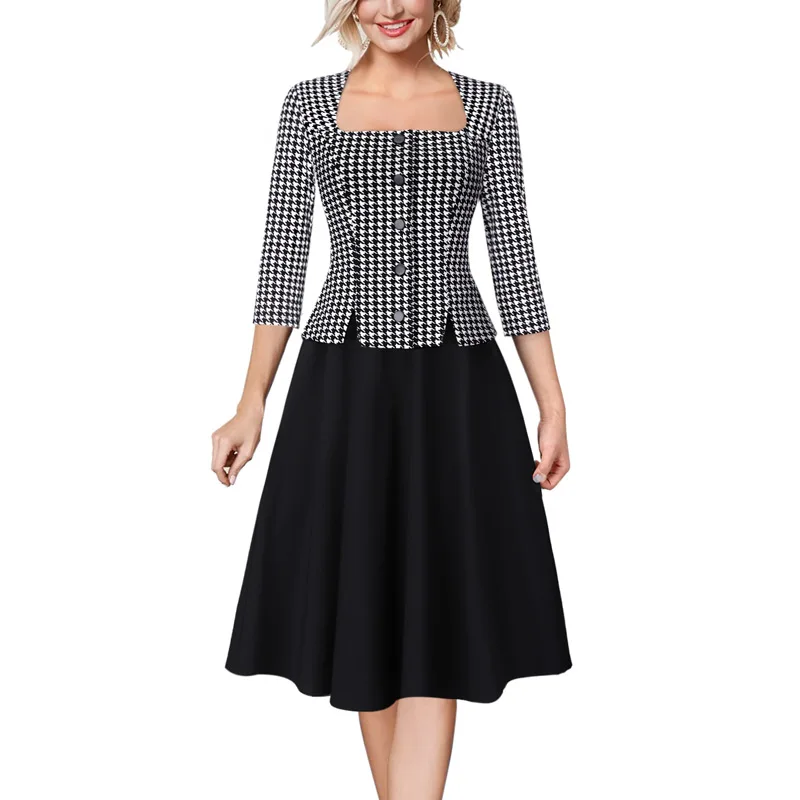 

Vfemage Women Vintage Retro Square Neck Buttons Print Patchwork Work Business Office Party Fit and Flare Skater A-line Dress 899