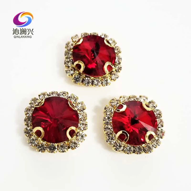 

Red Round shape top glass crystal rhinestones with hole,golden bottom sew on stone for Diy Clothing accessories SWWKG07