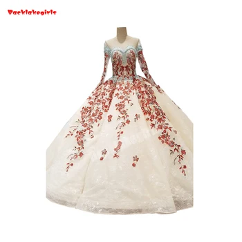 

3554 Wedding Dresses With Long Sleeve Tight Chest Fluffy Appliqued Wedding Dresses