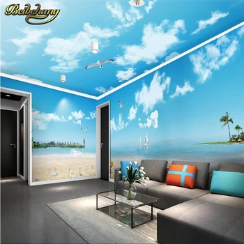 

beibehang Blue sky white clouds romantic beach theme space house background 3D Wall paper Panel Wallpaper Mural for Living Room