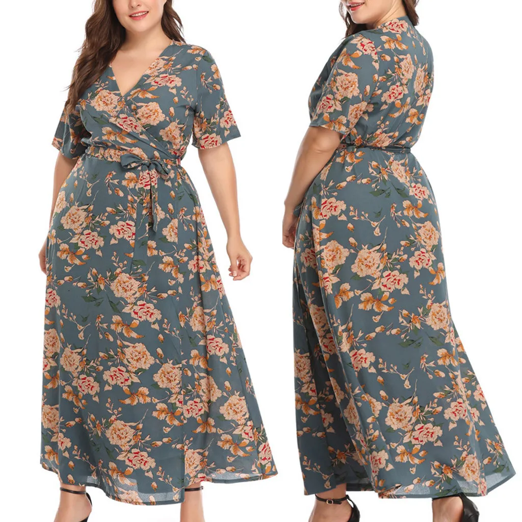 

JAYCOSIN Women Dresses Fashion Print Plus Size Long Dress Short Sleeve V-Neck Casual Female Lace-up Summer Dress April16 P30