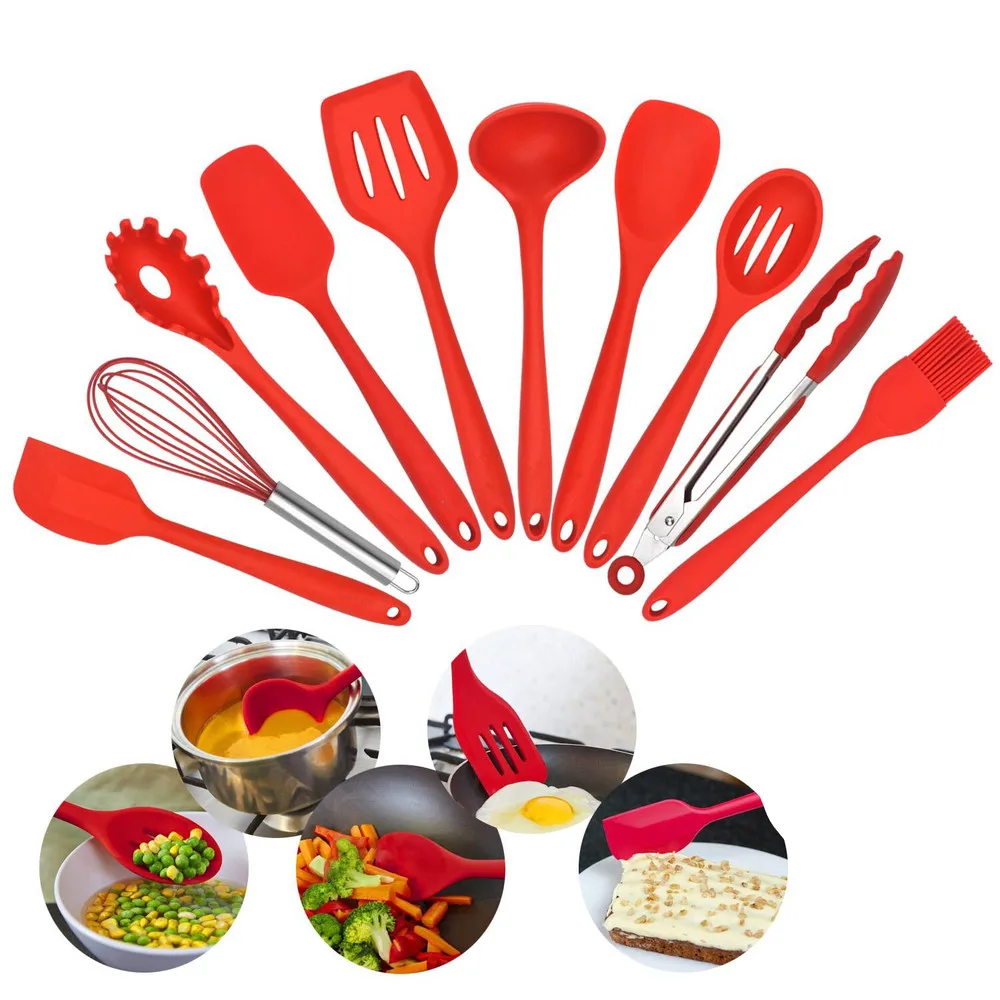 

10 Pcs Set Silicone Heat Resistant Kitchen Cooking Utensils Set Spatula Non-Stick Baking Tool Tongs Ladle Gadget Kitchenware Red