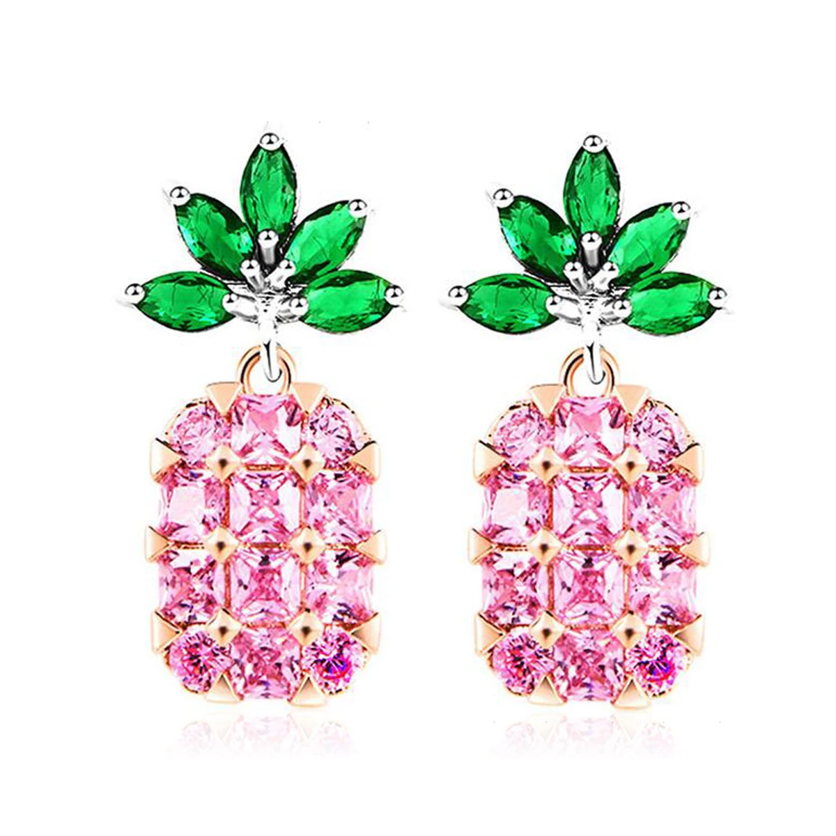 Womens Girls Cute Bling Gold Pink Fruit Pineapple Crystal Ear Stud Earring