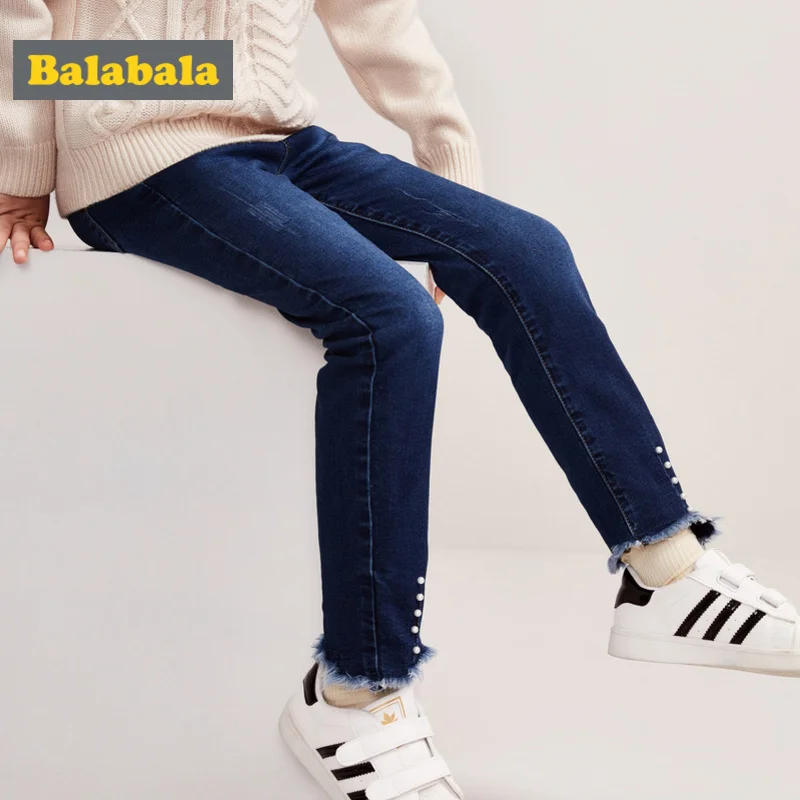 Balabala Girls Fleece-Lined Pull-on Jeans with Raw-edge Hem Slim Fit Cotton in Washed Denim Bead Ribbing at Waist | Детская одежда и