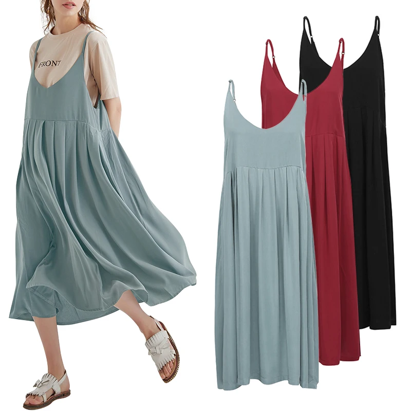 

Plus Size 3XL 4XL 5XL Slip Summer Dress 2019 Women Cotton Dress Spaghetti Straps High Waist Vintage Loose Robe Casual Midi Dress