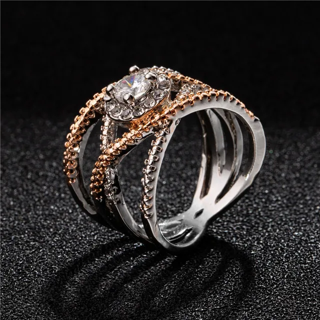 Modyle Fashion Rose Gold and White Gold Color Rings for Women Double Letter X Shape Ring Zirconia Micro Paved Women