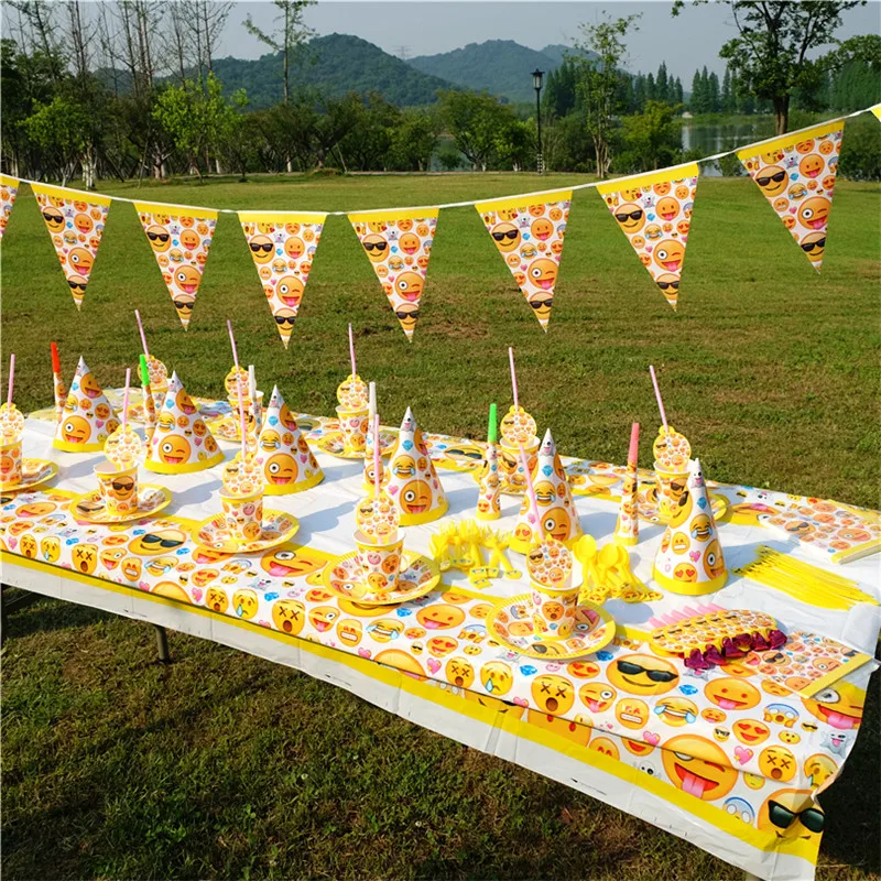 

64Pcs/Lot Cartoon Emoji Theme Children Birthday Party Cup Plate Napkin Banner Blowout Decoration Supplies Favor Items For Kids
