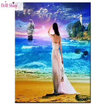 

Seaside girl landscape resin diamond painting embroidery full Round mosaic cross stitch kits painting on canvas wall art decor