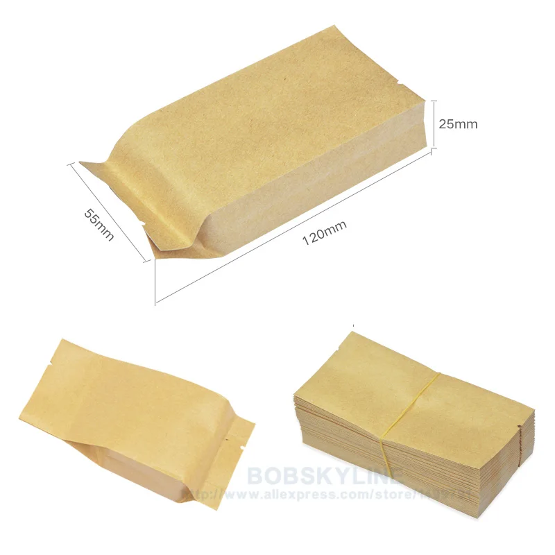 

100pcs- 120x55x25mm Open Top Kraft Paper Tea Packaging Bag Heat seal Side Gusset Aluminized Pouch