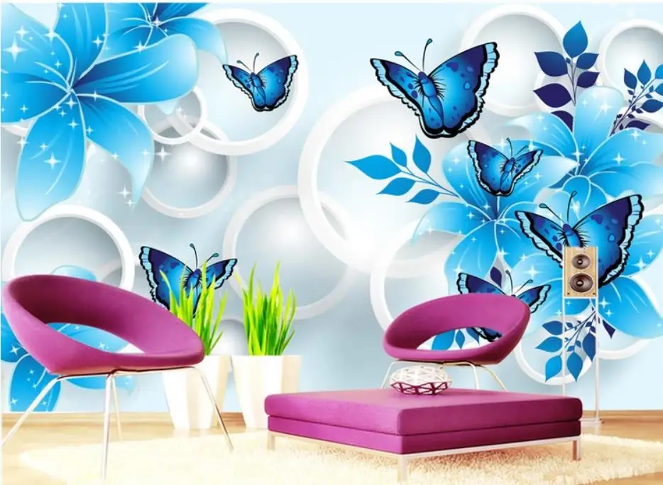 blue room wallpapers Blue lily butterfly 3D TV background wall modern living room wallpapers blue room wallpapers Blue lily butterfly 3D TV background wall modern living room wallpapers
