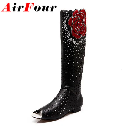 

AirFour Mid-Calf Round Toe Flat women boots flowers Cut-Outs Summer boots for women big size 34-43 black white motorcycle boots