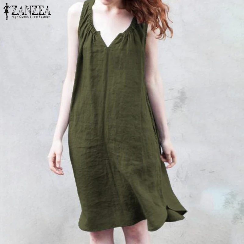 

2019 Summer Sexy V Neck Sleeveless Dress ZANZEA Women's Sundress Solid Cotton Linen Vestido Robe Femme Sarafans Tunic Plus Size
