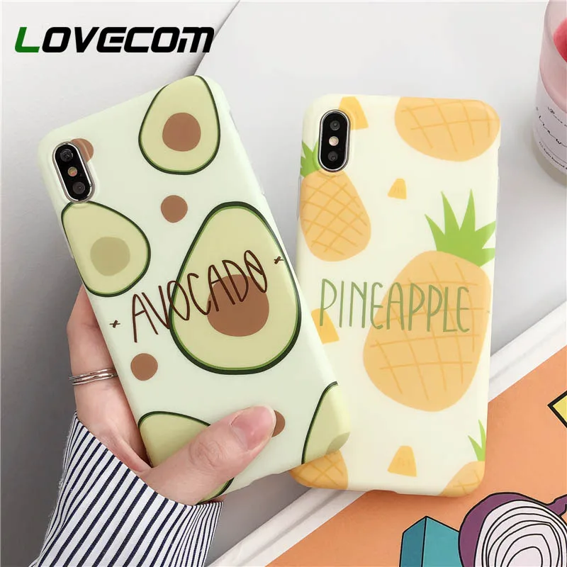 

LOVECOM Cute Cartoon Avocado Pineapple Case For iPhone XR XS Max X 8 7 Plus 6 6S Plus Oil Painting Soft IMD Phone Back Cover