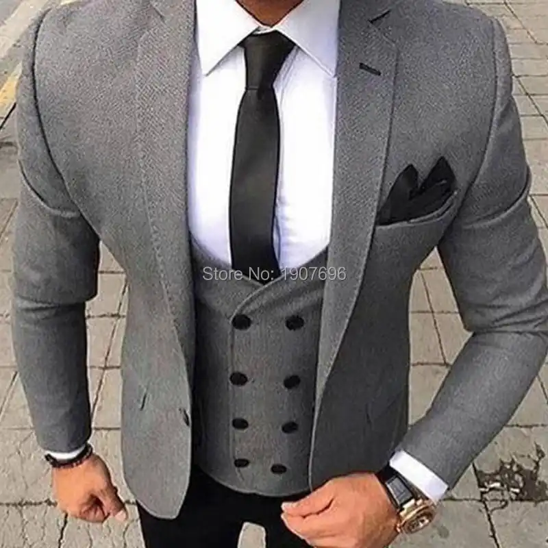 3 Piece Slim Fit Men Suits 2019 Gray Jacket Double Breasted Waistcoat Vest Black Pants Wedding Groom Tuxedos for Prom