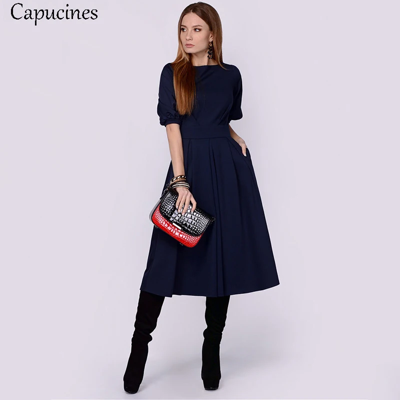 Summer Women Pockets Lantern Sleeve Casual Dress Solid Short Sleeves O-Neck A-Line Female Elegant Vintage Party Dresses