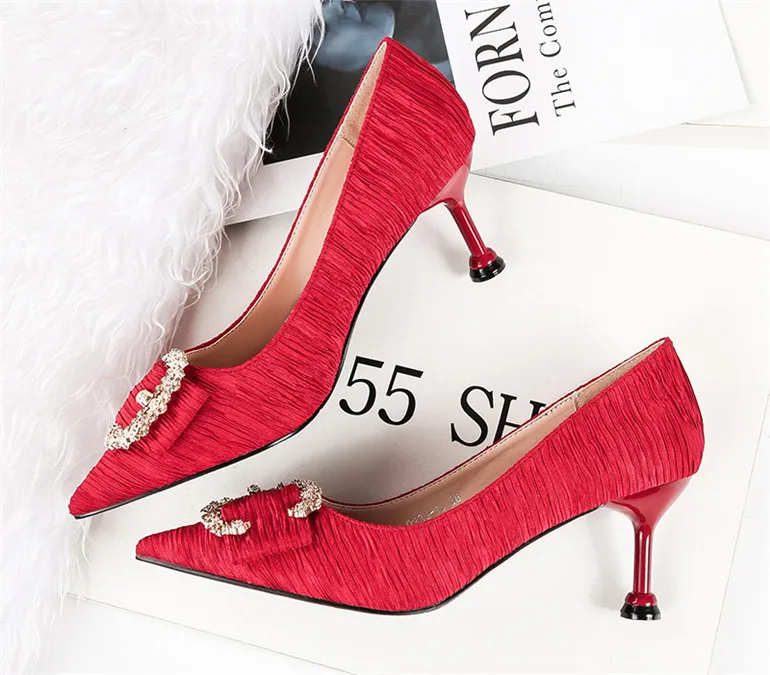 Женские туфли-лодочки на высоком каблуке женские туфли с сексуальным острым полосатый Стразы Обувь на высоком каблуке туфли на высоком каблуке; женские туфли на Красной вечерние свадебные туфли
