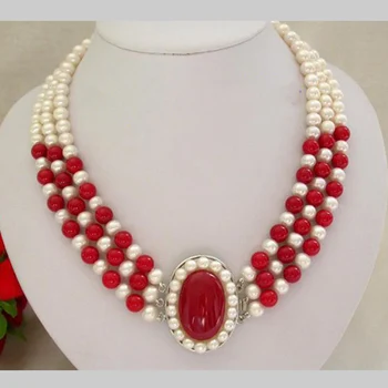 

Pearl Necklace,Classic 3 Rows 7-8mm Round White Freshwater Pearls Red Ja-de Necklace,Perfect Women Chirtstmas Gift