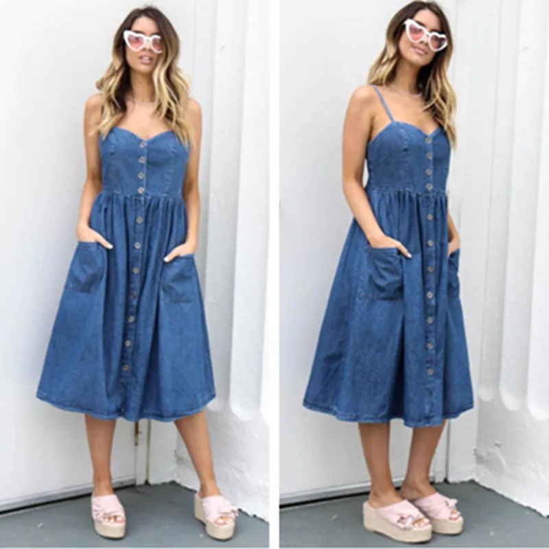 

New Summer Style Women Dresses Plus Size Fashion Casual Loose Solid Button Spaghetti Strap Jeans Dress For Women Denim One-Piece