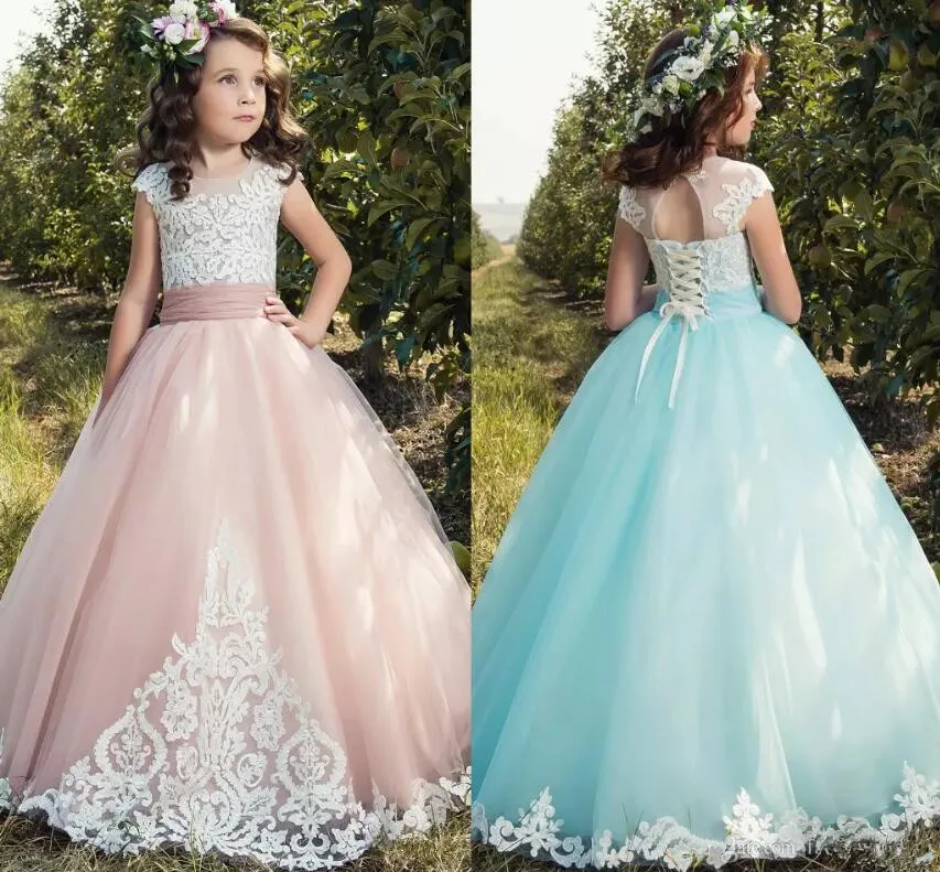 

Cap Sleeves Lace 2017 Flower Girl Dresses Tulle Lace Up Vintage Tulle Little Girls Pageant Birthday Gowns