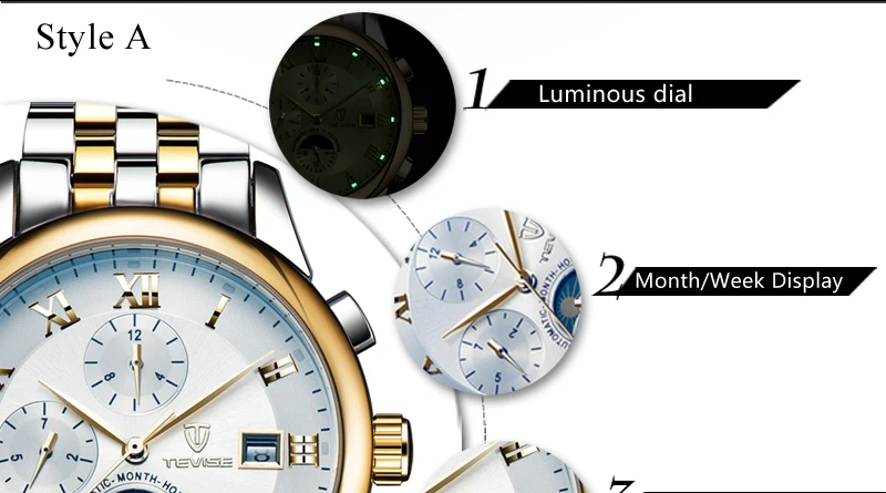 Автоматические механические мужские часы TEVISE, роскошные часы с подсветкой и календарем из нержавеющей стали 9008