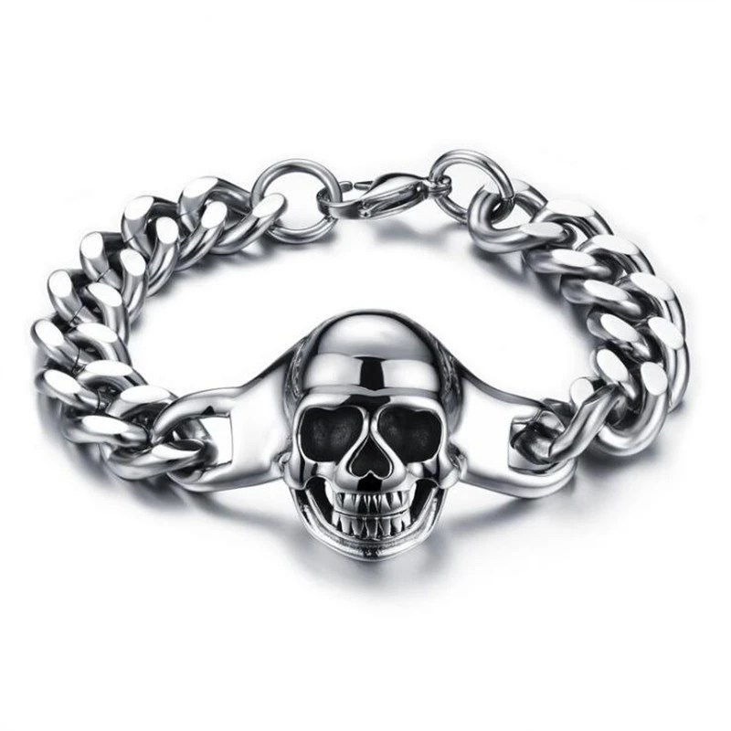 8.66'' Stainless Steel Cool Link Chain Skull Bracelet Men Gothic Biker