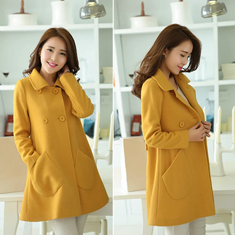 

Hot Women Autumn Coat Double Breasted Wool Peacoat Turn-down Collar Female Jacket HD88