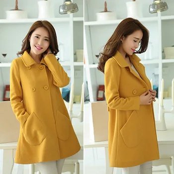

Hot Women Autumn Coat Double Breasted Wool Peacoat Turn-down Collar Female Jacket HD88
