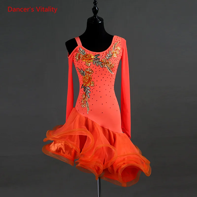 

Latin Dance Dress Senior Embroidery Diamonds Irregular Fishbone Gauze Dresses Women Latin Ballroom Dance Performance Costumes