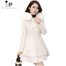 Длинное белое шерстяное пальто, женское осеннее зимнее Новое двубортное шерстяное пальто с большим меховым воротником и капюшоном, теплая куртка, Женское пальто