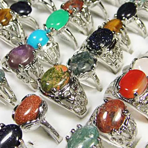 15Pcs Fashion Mixed Natural Stone Women Ladies Rings Mixed Style Retro Jewelry Wholesale Ring Lots LR020 2