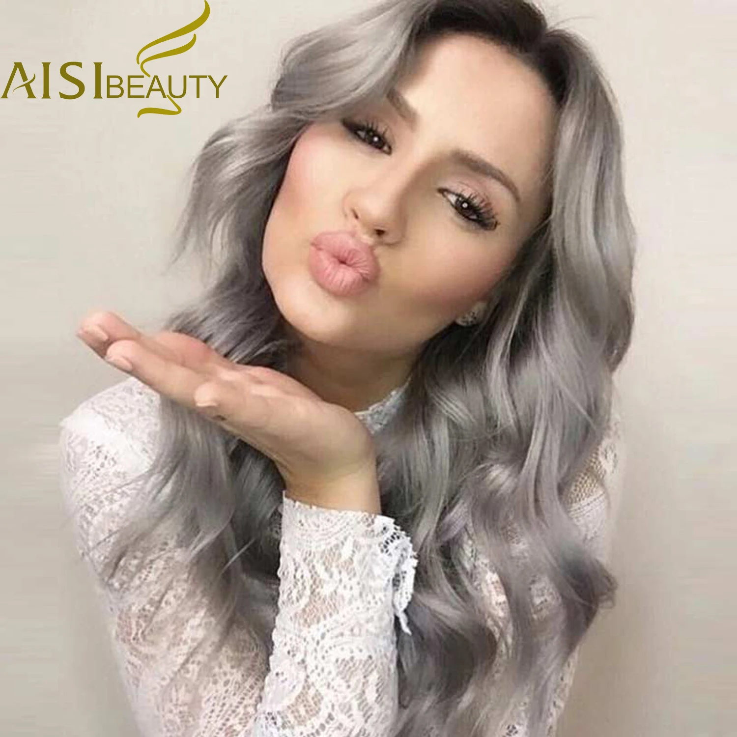 26'' Long Ombre Grey Wigs Natural Cheap Hair Wig Grey Synthetic Wigs